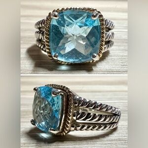 Vintage Designer ATR Sterling Silver & 14K Yellow Gold Blue Topaz Ring, Size 7